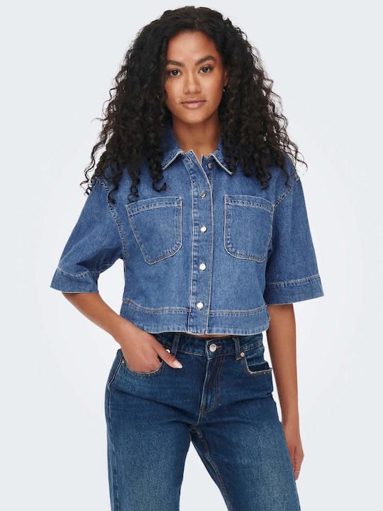 Short Sleeve Women's Denim Shirt Blue