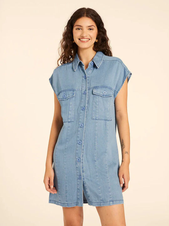 Sommer Mini Hemdkleid Denim Blau