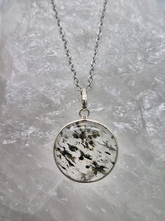 Transparent Quartz Necklace with Green Tourmaline Inclusions, Silver Bezel, Steel Chain, 24 cm Length