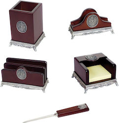 5-Piece Mahogany Desk Set with Crest: Pencil Holder, Note Cube, Letter Holder, Card Holder, Letter Opener 167x 5-Piece Mahogany Desk Set with Crest: Pencil Holder, Note Cube, Letter Holder, Card Holder, Letter Opener 167x