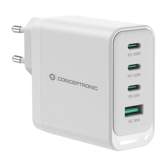 Conceptronic Charger Without Cable GaN with USB-A Port and 3 USB-C Ports 100W Power Delivery / Quick Charge 3.0 Whites (ALTHEA22W100)