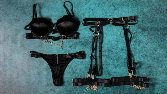 Ophelia's Dream Lingerie Suspender Black Gold Set 10h9825