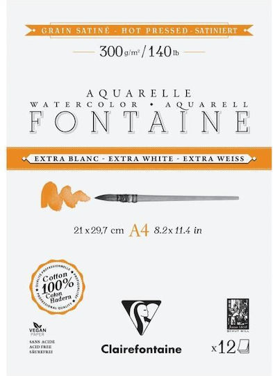 Clairefontaine Fontaine Extra White Watercolour Pad 12 Sheets 21x29.7cm Hot Pressed Satin 300gsm 100% Cotton