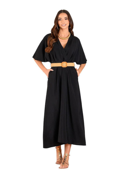 Summer Midi Dress Short Sleeve Wrap Black