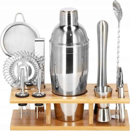 Set Cocktail Shaker pentru Barmani 750ml Ki10 Suport din Bambus 12 Piese