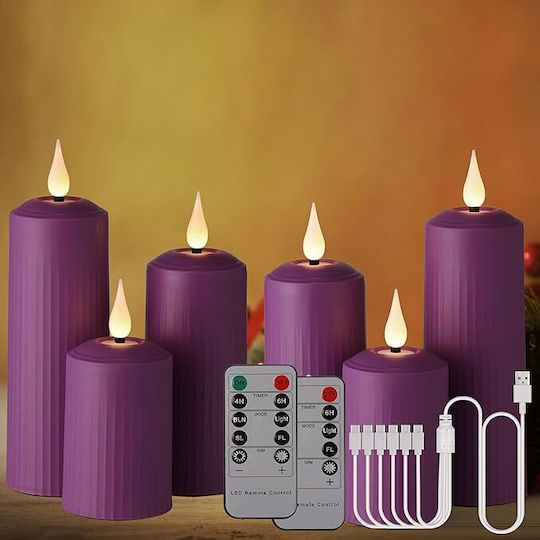 Set 6 Lumânări LED Reîncărcabile Cu Telecomandă Efect Flacără Temporizator Reglabil Luminozitate 5 Niveluri Halloween Crăciun Nuntă Petrecere Violet