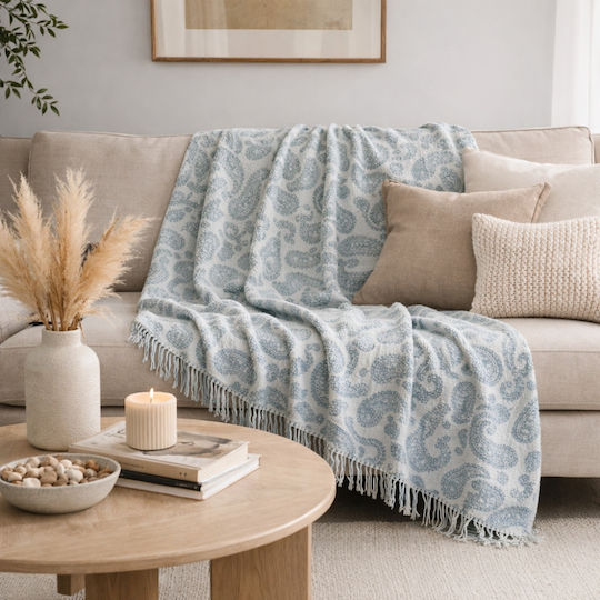 My Home Luxury Триместен диван Throw 180x300см. Ecru With Blue Pattern T2bl-300