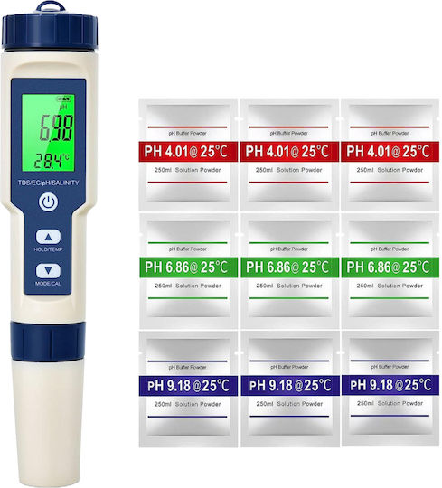 5 In 1 Ph Meter Set Tds Ec Water Quality Measurement Ph Salinity Conductivity Temperature Automatic Calibration Function Lcd Screen Hold Function
