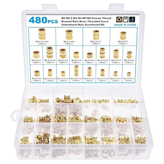 Set Inserții filetate din alamă cu zimți 480 M2 M2.5 M3 M4 M5 M6 20 Dimensiuni Piese din plastic pentru imprimare 3D În Cutie de depozitare