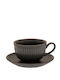 Set Of 2 Pieces Ceramic Cup Embossed Stripes Saucer Gray 230ml Il88873