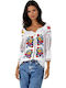 Bluza Damă Bumbac Mânecă Lungă Floral Alb Mov