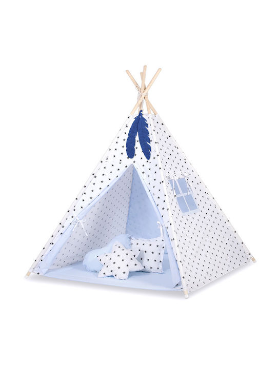 Tipi Tent Kids + Mat + Pillows + Feather Hangings Black Stars Blue