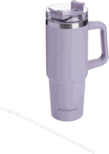 Muitomas Handled Tumbler Thermos Bottle Plastic 900ml Violet With Straw And Handle
