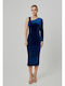 Midi Evening Dress Velvet with Slit Blue
