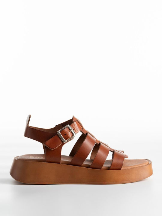 Flatforms Bozikis Square Toe Straps & Soft Sole Women's 245 D Tan Leather