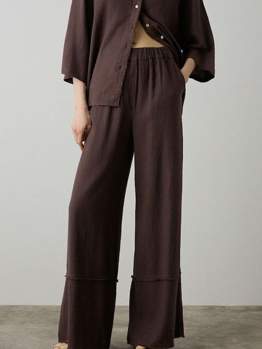 Women's Fabric Trousers with Elastic in Regular Fit Chocolate