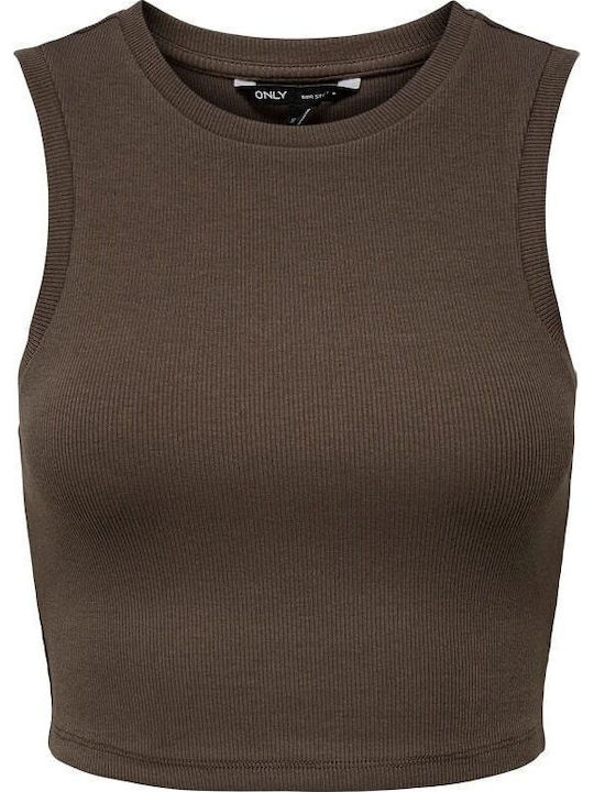 Only Γυναικείο Crop Top Βαμβακερό Αμάνικο Καφέ
