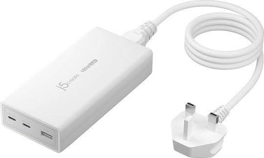 J5create Φορτιστής Magsafe GaN με Θύρα USB-A και 2 Θύρες USB-C και Καλώδιο USB-C 185W Power Delivery Λευκός (JUP37185W-FN)