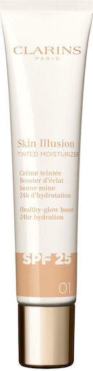 Clarins Skin Illusion 01 Cremă de Față de Zi Colorată cu SPF25 pentru Hidratare, Anti-îmbătrânire și Strălucire cu Acid Hialuronic 40ml