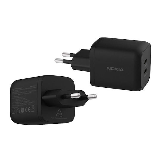 Nokia Зарядно с вграден кабел с 2 USB-C порта 65W Черен (8P00000273)