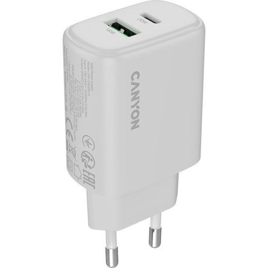 Canyon Charger Without Cable with USB-A Port and USB-C Port 20W Power Delivery / Quick Charge 3.0 Whites (OnCharge 200)