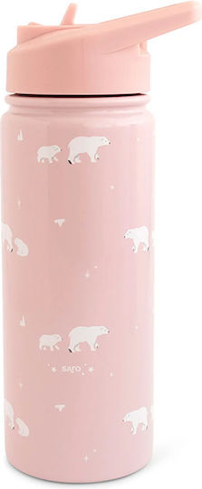 Saro Polar Bear Kids Water Bottle Thermos Stainless Steel with Straw Pink 500ml