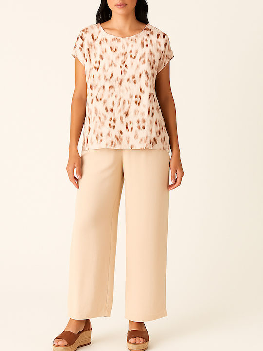 Cuca Damen Bluse Satin mit U-Boot-Ausschnitt Beige