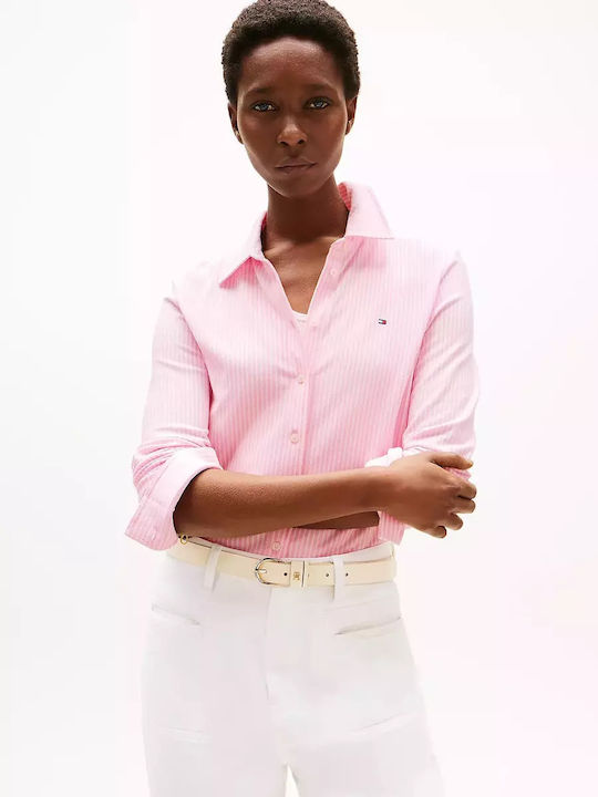 Tommy Hilfiger Women's Pique Striped Long Sleeve Shirt Pink