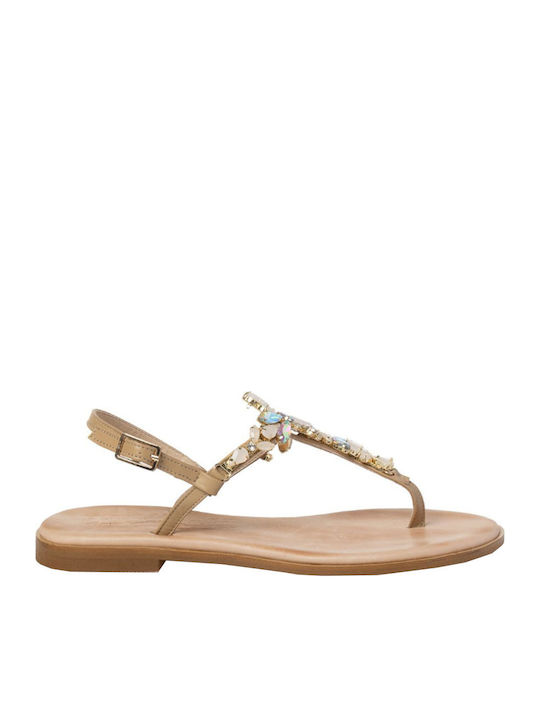Leder Flache Sandalen für Damen in Beige Farbe