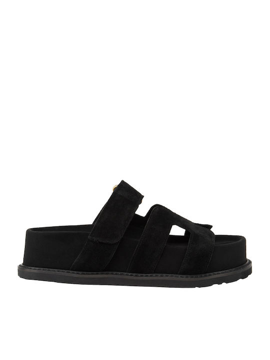 Δερμάτινα Γυναικεία Ανατομικά Σανδάλια Flatforms Μαύρα