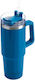 Muitomas Handled Tumbler Plastic Thermos Bottle 900ml Blue with Straw and Handle