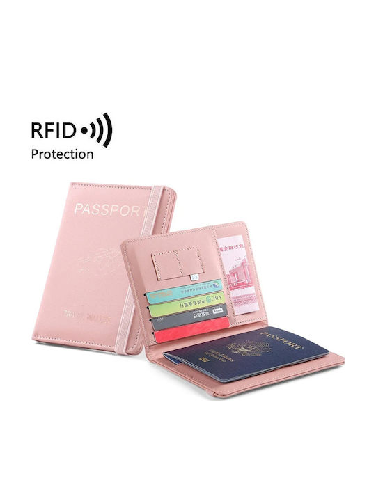Portofel Pentru Pașaport Din Piele Ecologică – Rfid Blocker – Sloturi Pentru Carduri Bani Sim – Bandă Elastică De Închidere – 15x10,5cm 4 Culori Roz