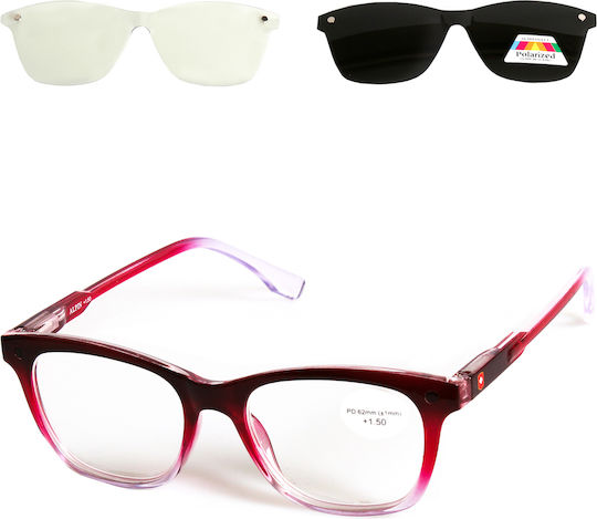 Alpin Clip On Women's Reading Glasses +4.00 with Magnet in Red Color