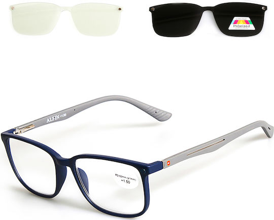 Alpin Clip On Men Reading Glasses +1.00 with Magnet in Navy Blue Color