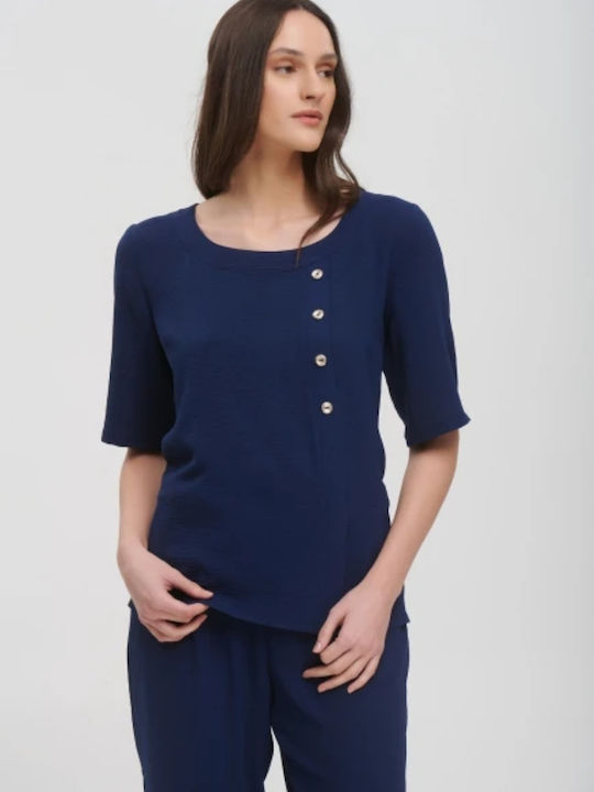 Fibes Women's Blouse Short Sleeve Blue