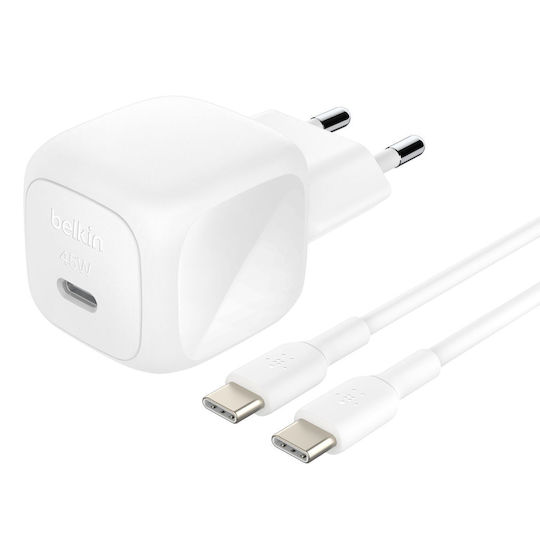 Belkin Φορτιστής με Θύρα USB-C και Καλώδιο USB-C 45W Power Delivery Λευκός (WCA013KQ1MWH-B6)