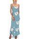 Summer Maxi Evening Satin Dress Ecru-Blue