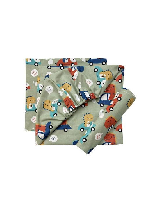 Bunny Bebe Single Set with Elastic Band Dino Green 70x140cm Kids Sheets