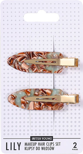 Sister Young Lily Makeup Hair Clips Set Green Coffee 2 Pieces
