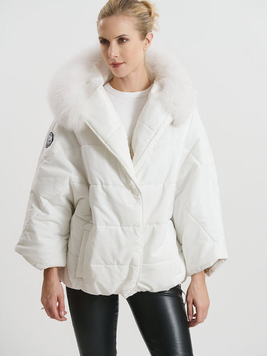 Kurz Damen Puffer Jacke Wasserdicht und Winddicht mit pelziger Kapuze für Winter Weiß