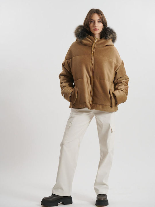 Women's Lifestyle Jacket for Winter with Hood Brown