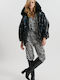 Damen Puffer Jacke Wasserdicht und Winddicht mit pelziger Kapuze für Winter Schwarz