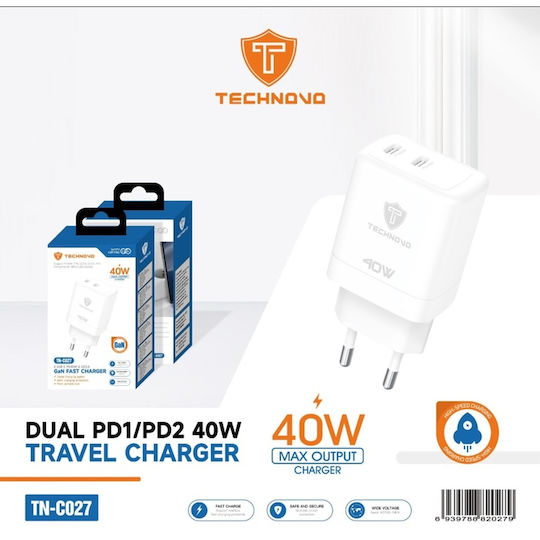 Technovo Charger Without Cable with 2 USB-C Ports 40W Power Delivery Whites (TN-C027)
