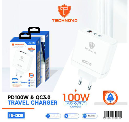 Technovo Încărcător Fără Cablu cu Port USB-A și 2 Porturi USB-C 100W Livrarea energiei / Quick Charge 3.0 Albς (TN-C030)