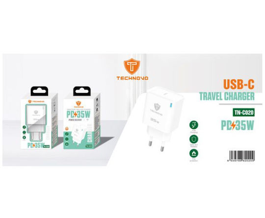 Technovo Încărcător Fără Cablu cu Port USB-C 35W Livrarea energiei Albς (TN-C020)