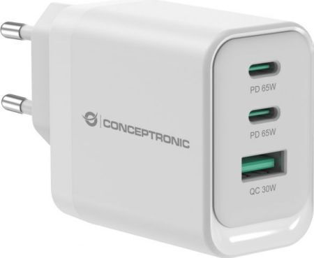Conceptronic GaN Charger Without Cable with USB-A Port and 2 USB-C Ports and USB-C Cable 65W Power Delivery Quick Charge 3.0 White