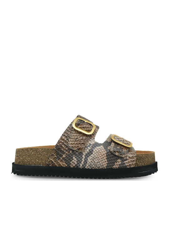Leather Women's Flat Sandals Flatforms in Beige Color
