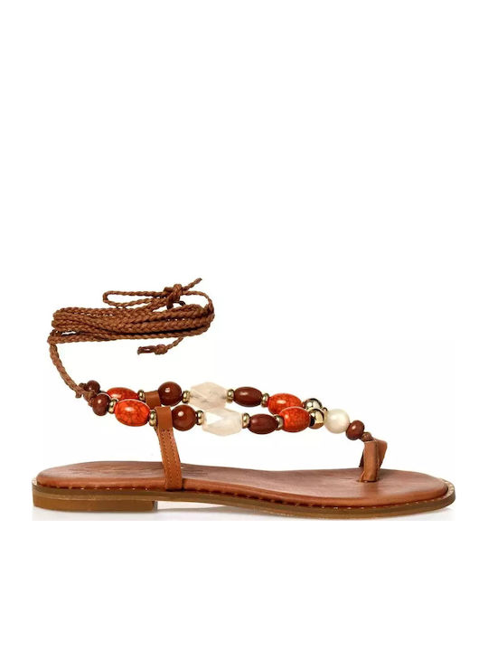 Sante Leather Women's Flat Sandals in Tabac Bro...