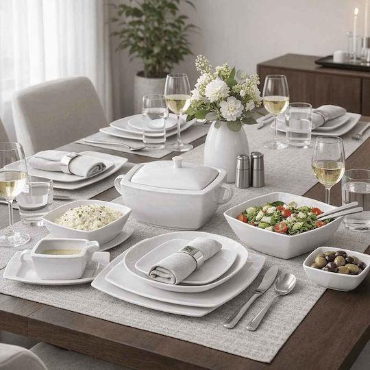 Porcelain Dinnerware Set 44 Pieces Square "Cancun White"