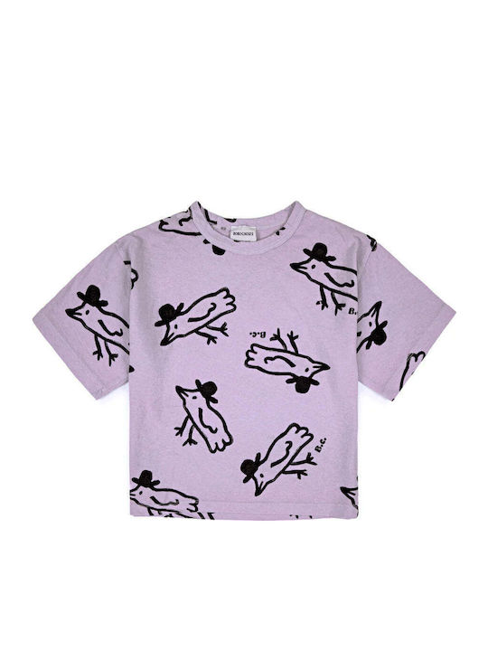 Kids Short-Sleeved Purple T-Shirt Mr Birdie 100% Organic Cotton For Ages 2 to 11 Bobo Choses